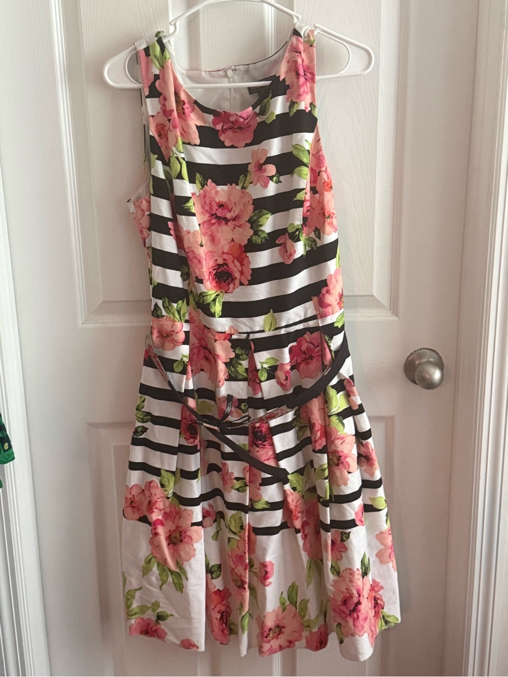 Girls Black & White Striped Floral Dress - Pink Rose Print